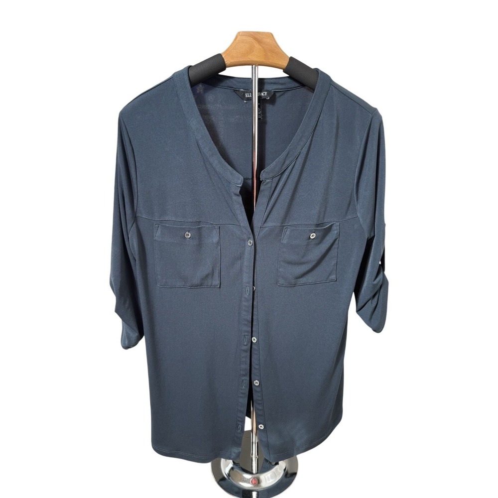 Ellen Tracy Roll Tab Sleeve Button‎ Up Blouse Size M Polyester Charcoal Grey